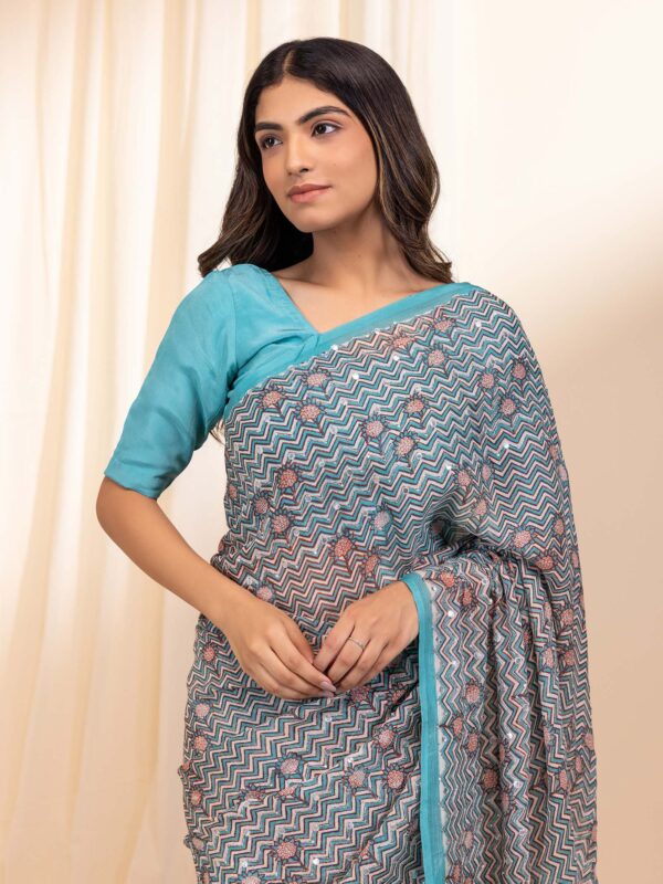Modern Turquoise Blue Chiffon Saree for Party Look - Image 3
