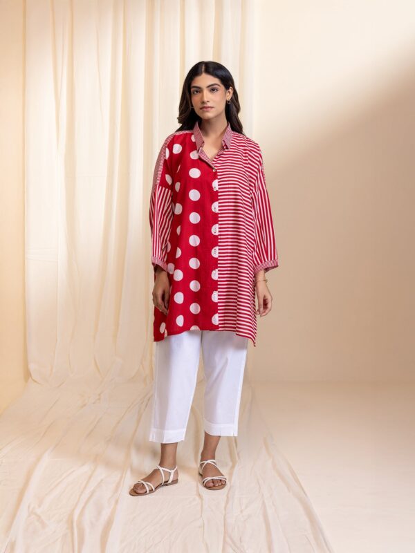 Dot Dot Dash Madras Red Cotton Shirt for Women Classic Printed Casual Wear - Image 2