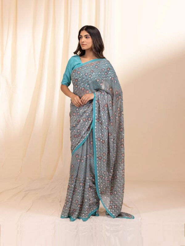 Modern Turquoise Blue Chiffon Saree for Party Look - Image 2